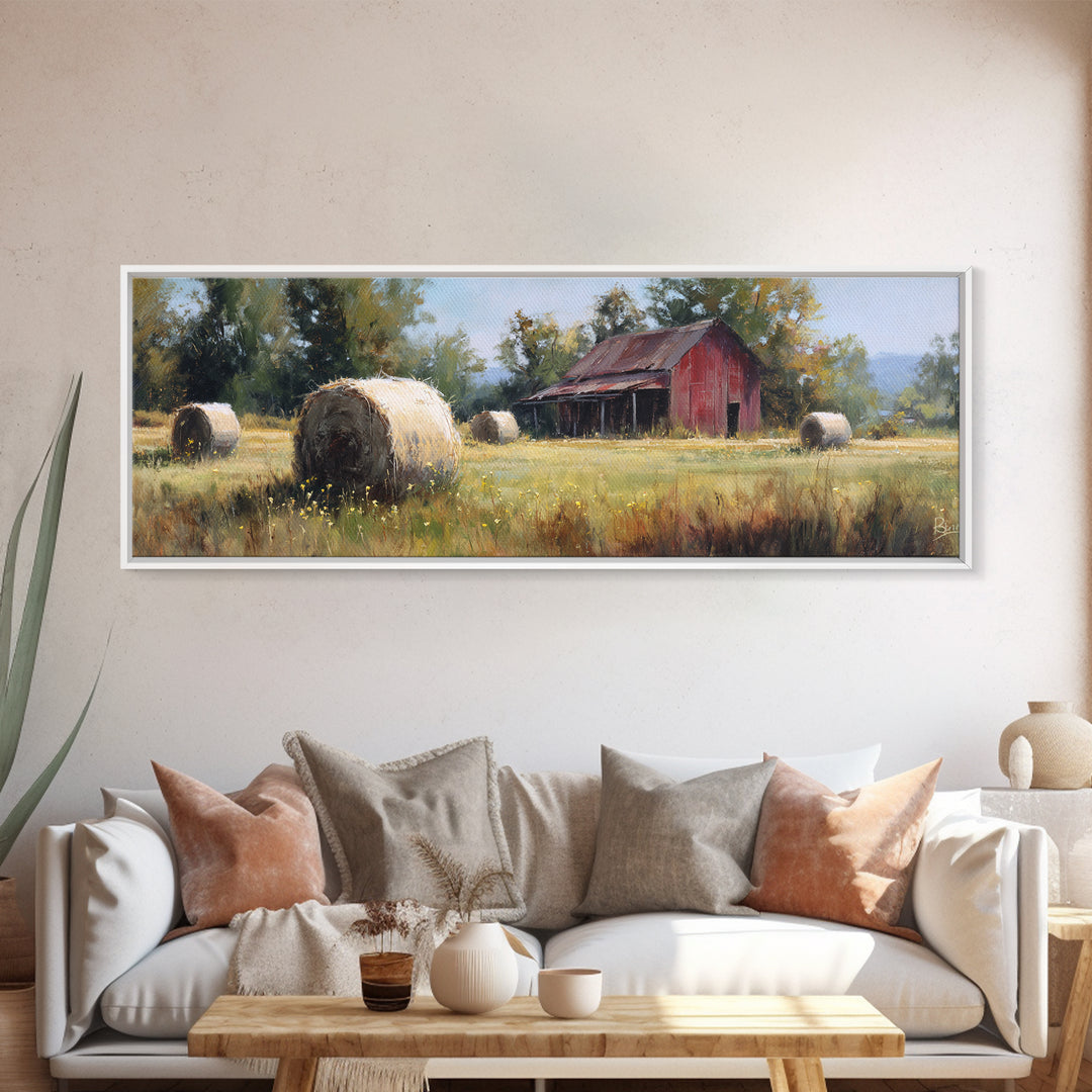 Hay Bales in Late Afternoon Sun Framed Canvas Print, Country Art, Eclectic Wall Art, Farmhouse Decor, Fine Art, Country, COU-3x1-12