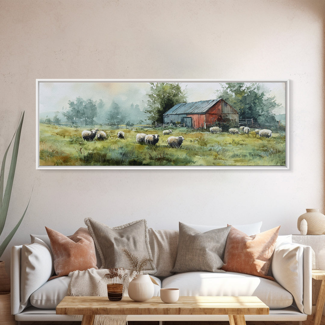 Watercolor Sheep in a Green Pasture Framed Canvas Print, Country Art, Gallery Wall Art, Farmhouse Decor, Fine Art, Country, COU-3x1-15