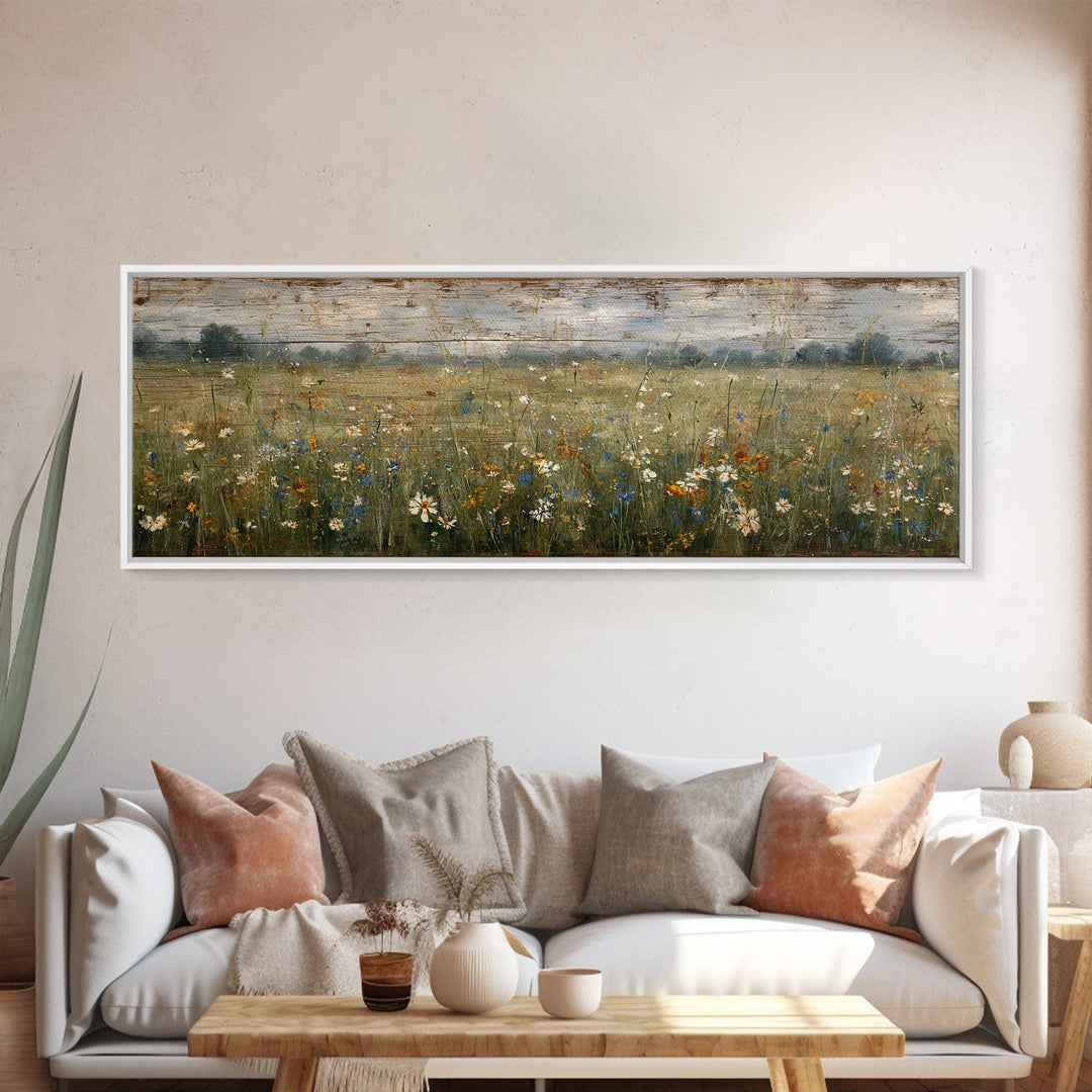 Wildflower Meadow Beside an Old Fence Framed Canvas Print, Country Art, Oil Painting, Farmhouse Decor, Watercolor Art, Country, COU-3x1-18