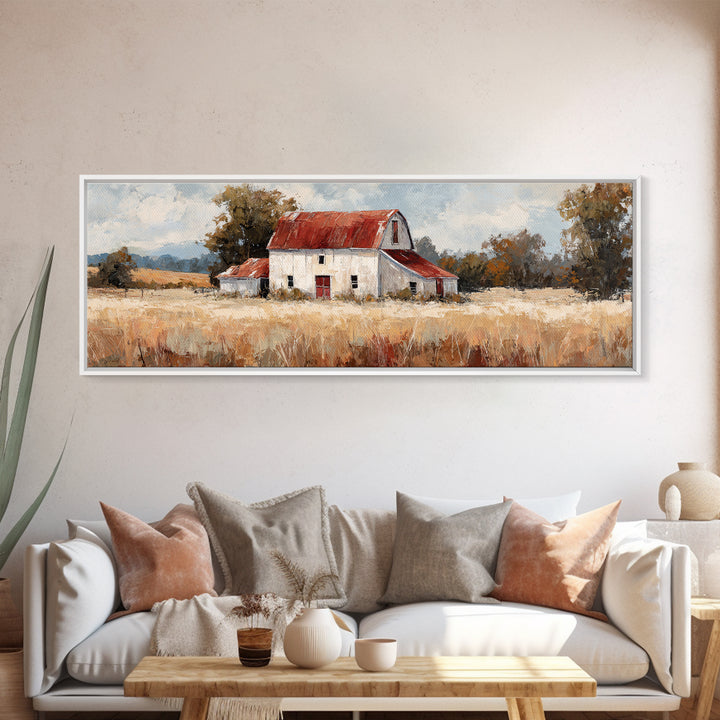 White Farmhouse Surrounded by Tall Grass Framed Canvas Print, Country Art, Art Prints, Farmhouse Decor, Fine Art, Country, COU-3x1-2