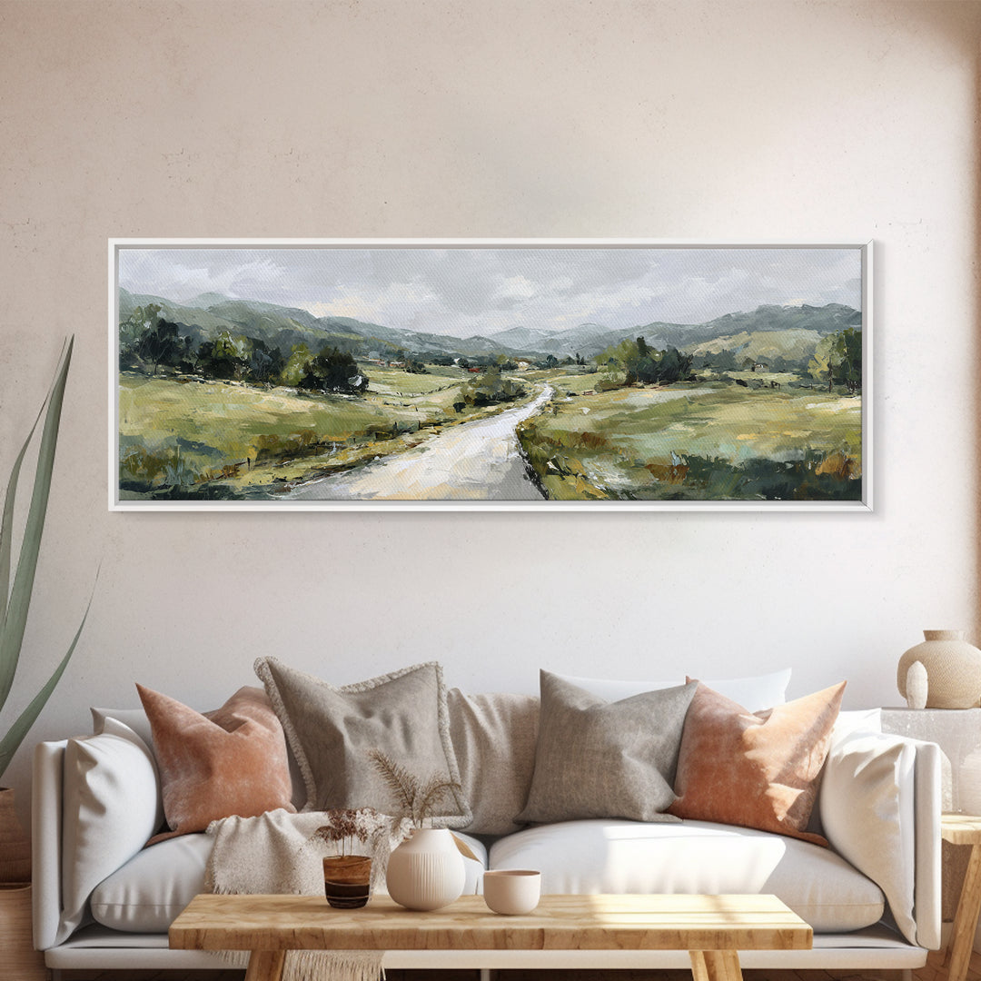 Country Road Disappearing into Green Hills Framed Canvas Print, Country Art, Statement Artwork, Farmhouse Decor, Country, COU-3x1-23
