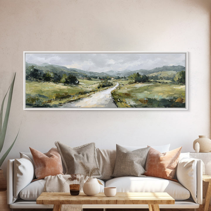 Country Road Disappearing into Green Hills Framed Canvas Print, Country Art, Statement Artwork, Farmhouse Decor, Country, COU-3x1-23