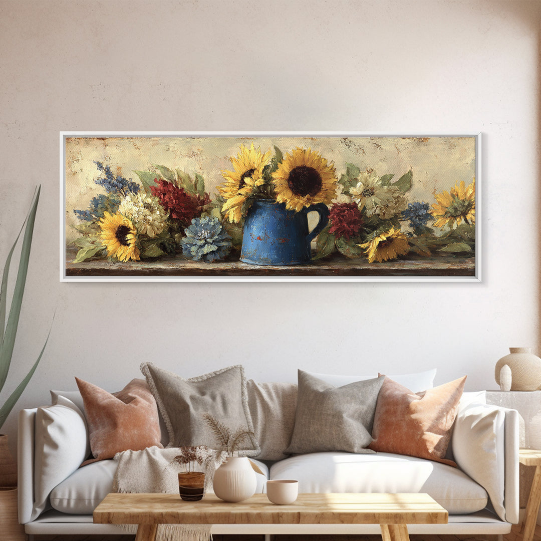 Sunflowers in a Blue Enamel Pitcher Canvas Print, Country Art, Farmhouse Wall Art, Farmhouse Decor, Watercolor Art, Country, COU-3x1-24
