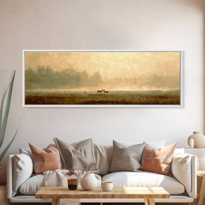 Deer Crossing a Misty Morning Field Framed Canvas Print, Country Art, Boho Decor, Farmhouse Decor, Fine Art, Country, COU-3x1-27