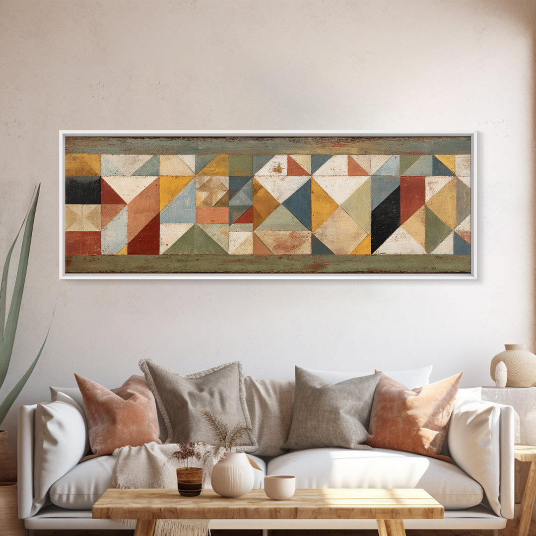 Quilt Geometric Folk Pattern Framed Canvas Print, Country Art, Gallery Wall Art, Farmhouse Decor, Abstract Art, Country, COU-3x1-28