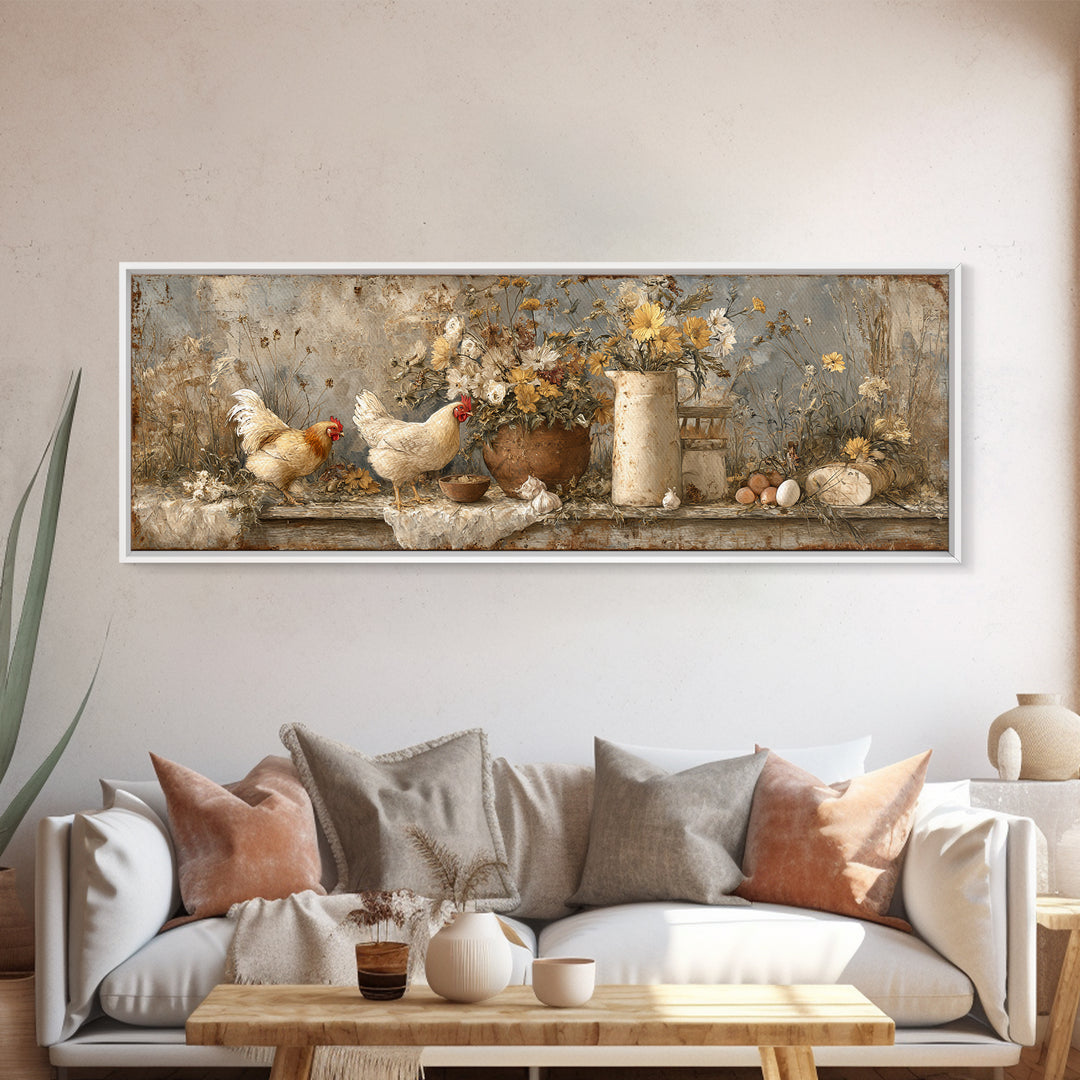 Chickens Pecking Near Garden Flowers Canvas Print, Country Art, Wall Art, Farmhouse Decor, Watercolor Art, Country, COU-3x1-30