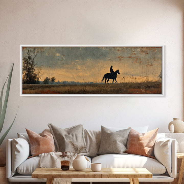 Horse and Rider Silhouette at Dusk Canvas Print, Country Art, Farmhouse Decor, Country, Gallery Wall Art, Landscape Wall Art, COU-3x1-33
