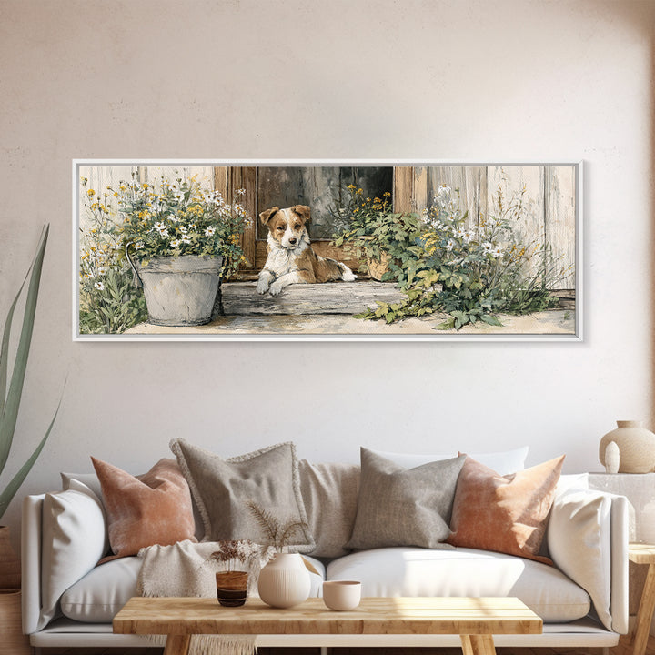 Dog Resting Beside a Porch Flower Pot Canvas Print, Country Art, Original Painting, Farmhouse Decor, Oil Painting, Country, COU-3x1-38