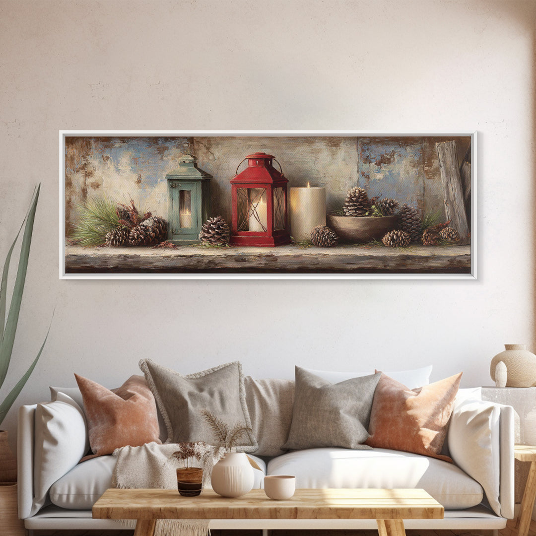 Old Lantern and Pinecones Still Life Canvas Print, Country Art, Gallery Decor, Farmhouse Decor, Fine Art, Country, COU-3x1-40