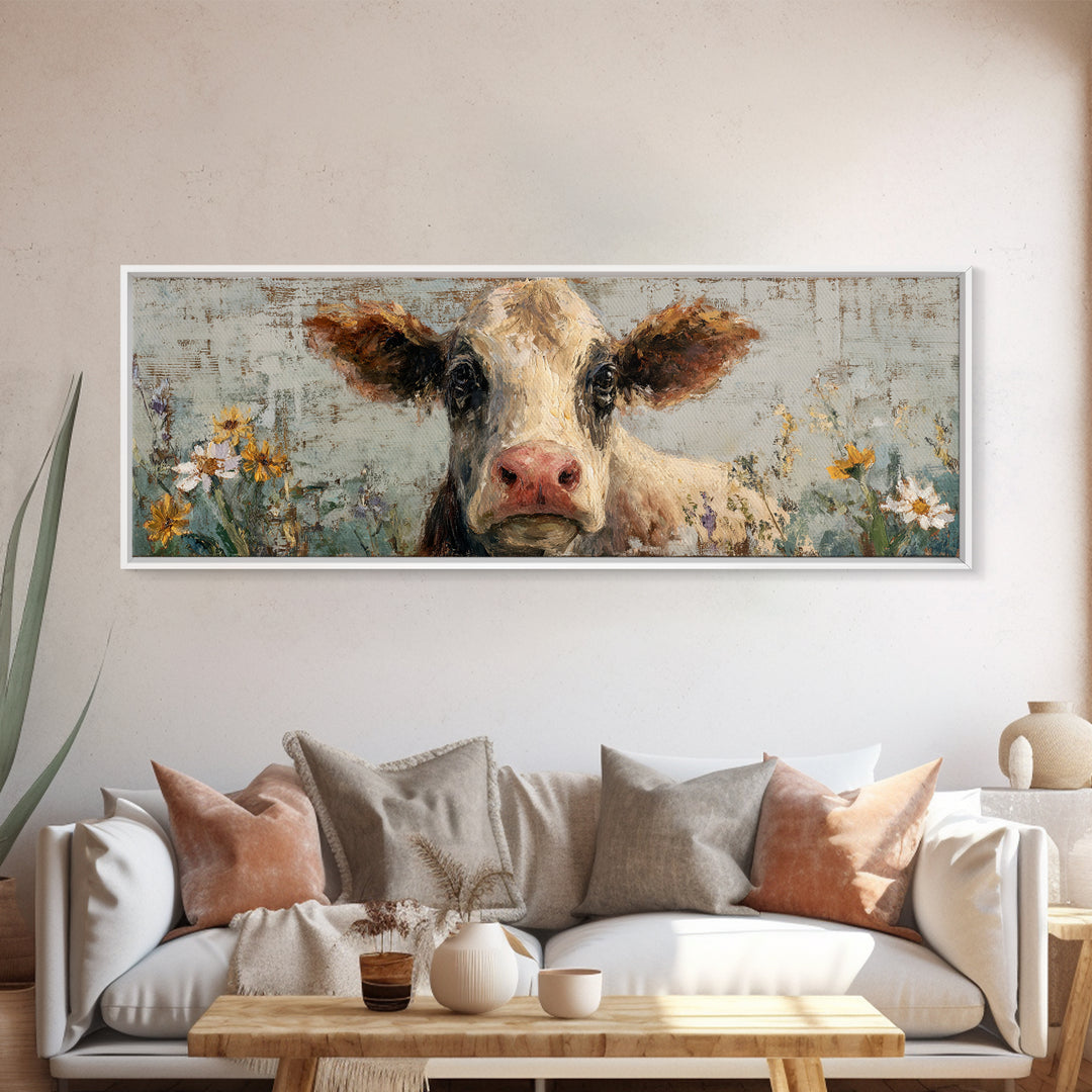 Cow Portrait with Gentle Farmhouse Personality Framed Canvas Print, Country Art, Wall Decor, Farmhouse Decor, Fine Art, Country, COU-3x1-44