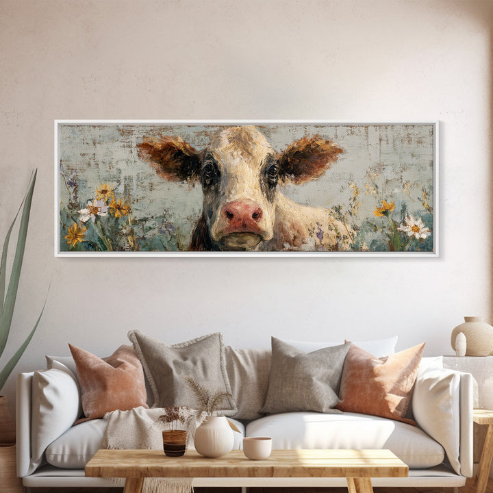 Cow Portrait with Gentle Farmhouse Personality Framed Canvas Print, Country Art, Wall Decor, Farmhouse Decor, Fine Art, Country, COU-3x1-44