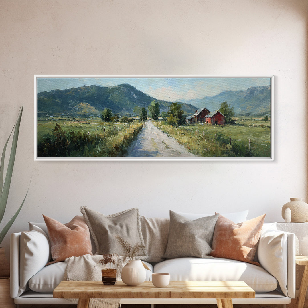 Country Road Disappearing into Green Hills Framed Canvas Print, Country Art, Art, Farmhouse Decor, Oil Painting, Country, COU-3x1-47