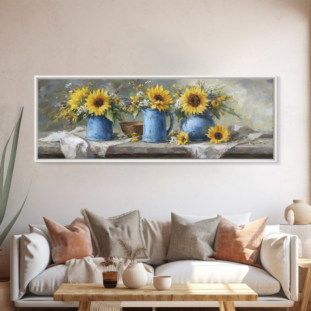 Sunflowers in a Blue Enamel Pitcher Canvas Print, Country Art, Luxury Decor, Farmhouse Decor, Fine Art, Country, COU-3x1-48