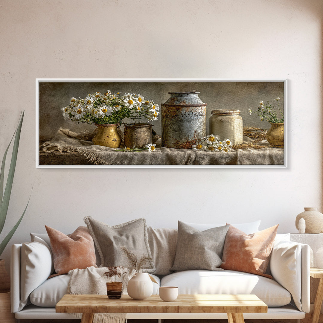 Milk Can and Daisies Rustic Still Life Framed Canvas Print, Country Art, Oil Painting, Farmhouse Decor, Watercolor Art, Country, COU-3x1-5