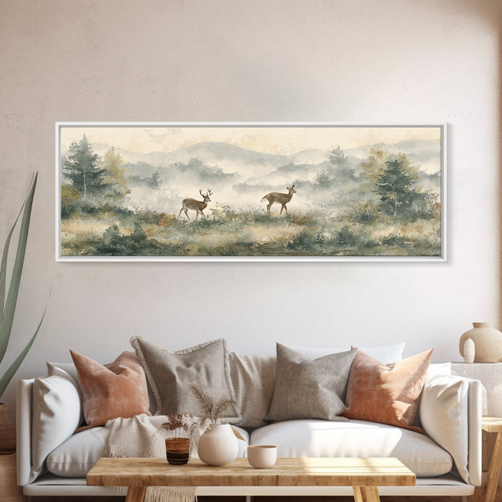 Deer Crossing a Misty Morning Field Framed Canvas Print, Country Art, Digital Prints, Farmhouse Decor, Fine Art, Country, COU-3x1-51