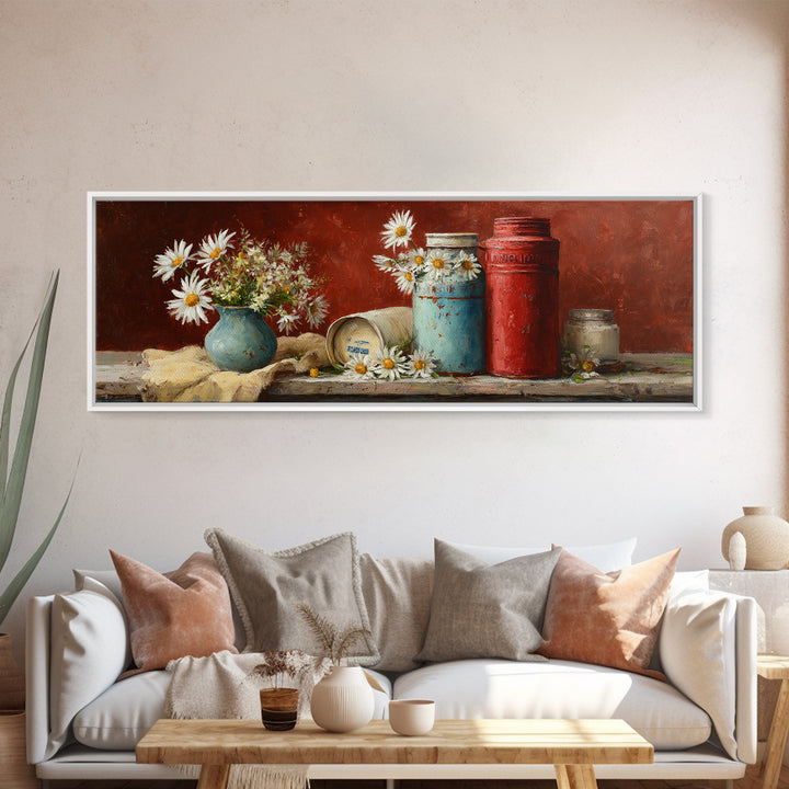 Milk Can and Daisies Rustic Still Life Framed Canvas Print, Country Art, Farmhouse Wall Decor, Farmhouse Decor, Country, COU-3x1-53