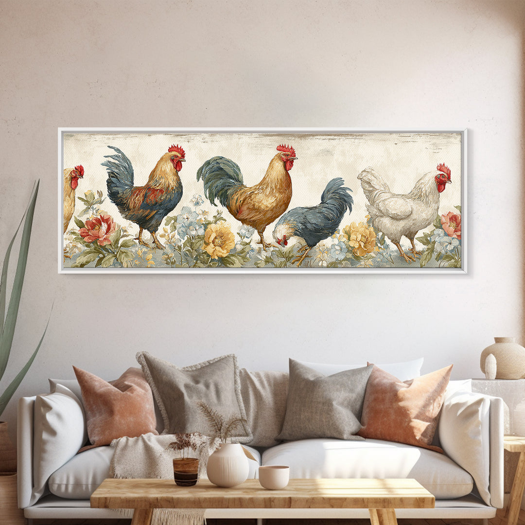 Chickens Pecking Near Garden Flowers Canvas Print, Country Art, Landscape Painting, Farmhouse Decor, Watercolor Art, Country, COU-3x1-54
