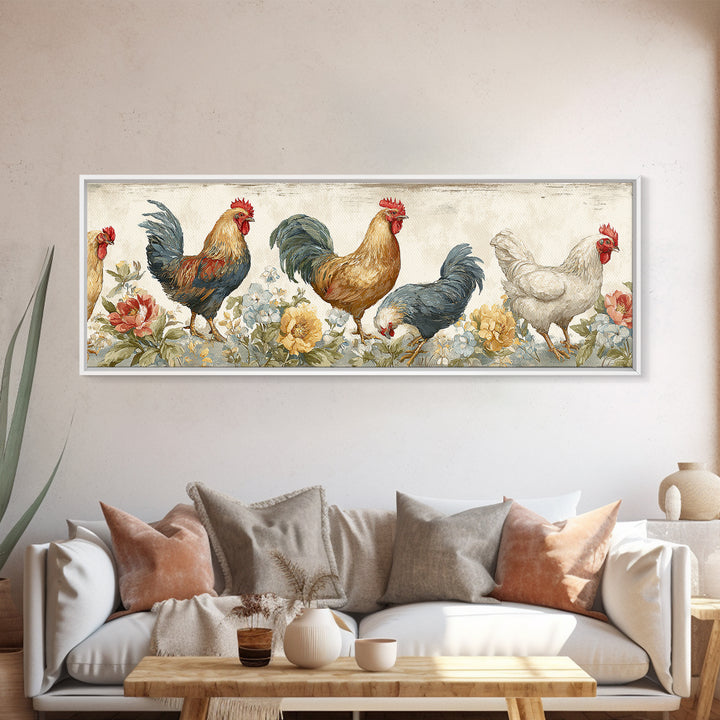 Chickens Pecking Near Garden Flowers Canvas Print, Country Art, Landscape Painting, Farmhouse Decor, Watercolor Art, Country, COU-3x1-54