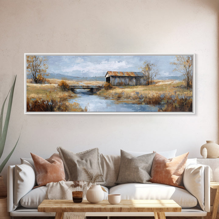 Covered Bridge over a Quiet Creek Framed Canvas Print, Country Art, Contemporary Art, Farmhouse Decor, Fine Art, Country, COU-3x1-55