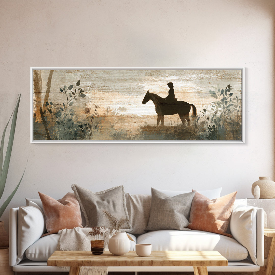 Horse and Rider Silhouette at Dusk Framed Canvas Print, Country Art, Digital Art Prints, Farmhouse Decor, Fine Art, Country, COU-3x1-57