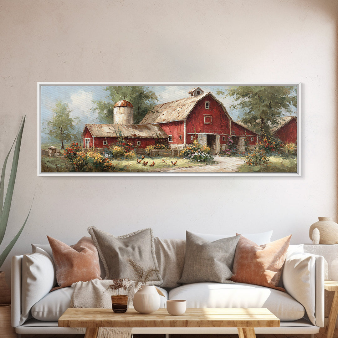 Chickens Pecking Near Garden Flowers Canvas Print, Country Art, Digital Art Prints, Farmhouse Decor, Fine Art, Country, COU-3x1-6