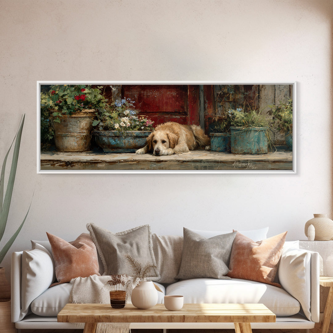 Dog Resting Beside a Porch Flower Pot Canvas Print, Country Art, Gallery Decor, Farmhouse Decor, Fine Art, Country, COU-3x1-62