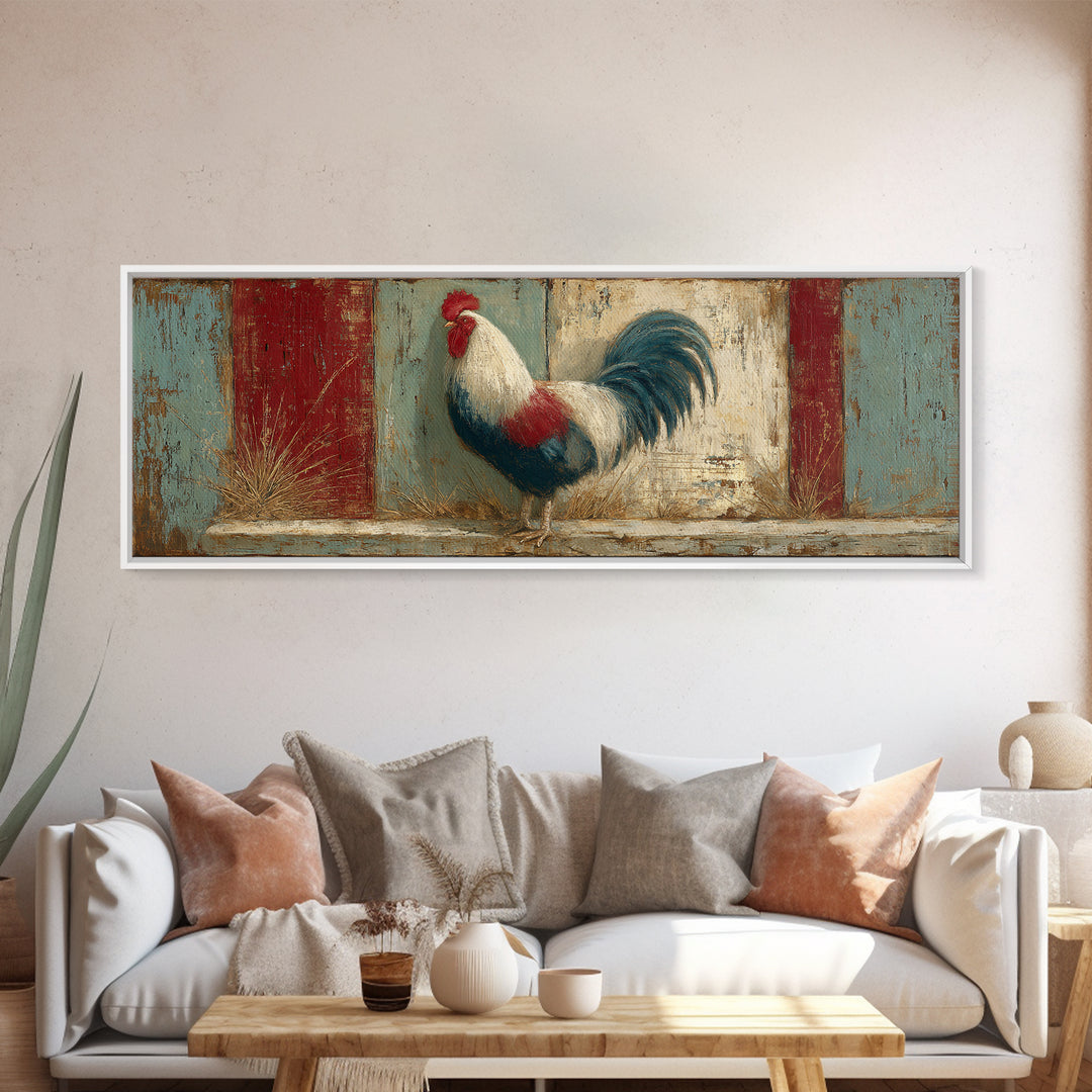 Rooster in Bold Folk Art Color Framed Canvas Print, Country Art, Eclectic Wall Art, Farmhouse Decor, Fine Art, Country, COU-3x1-69
