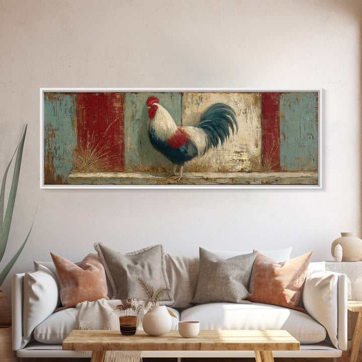 Rooster in Bold Folk Art Color Framed Canvas Print, Country Art, Eclectic Wall Art, Farmhouse Decor, Fine Art, Country, COU-3x1-69