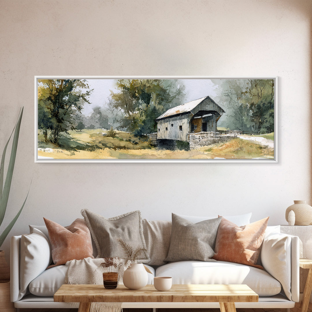 Covered Bridge over a Quiet Creek Framed Canvas Print, Country Art, Wall Decor, Farmhouse Decor, Fine Art, Country, Wall Art, COU-3x1-7
