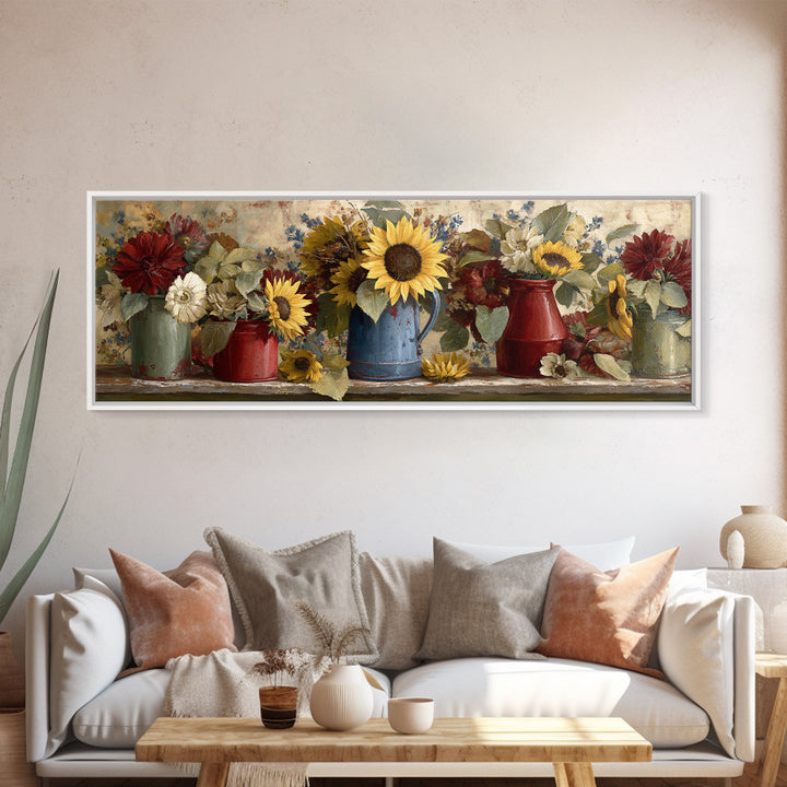 Sunflowers in a Blue Enamel Pitcher Framed Canvas Print, Country Art, Wall Art, Farmhouse Decor, Fine Art, Country, COU-3x1-72