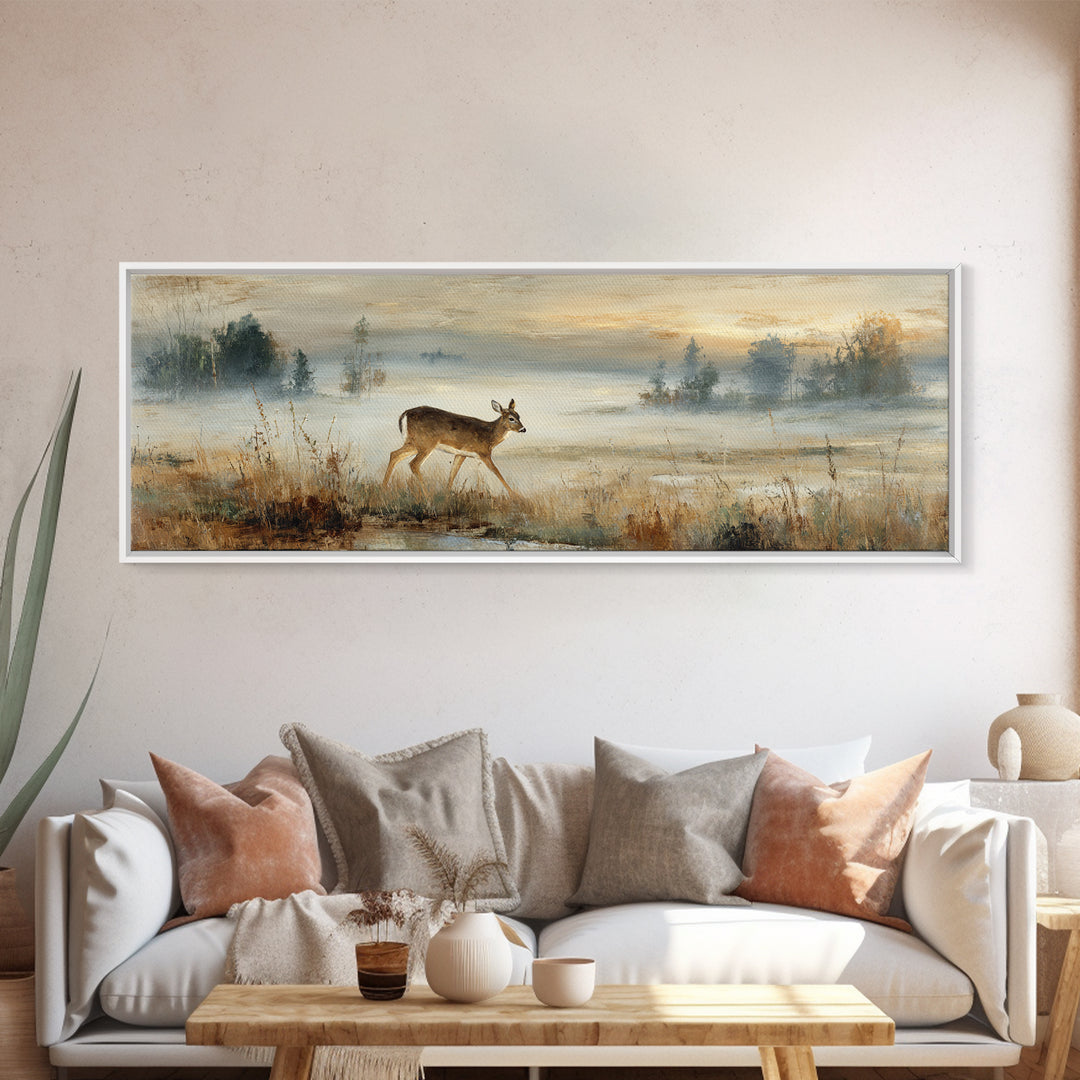 Deer Crossing a Misty Morning Field Canvas Print, Country Art, Digital Wall Art, Farmhouse Decor, Country, Floral Wall Art, COU-3x1-75