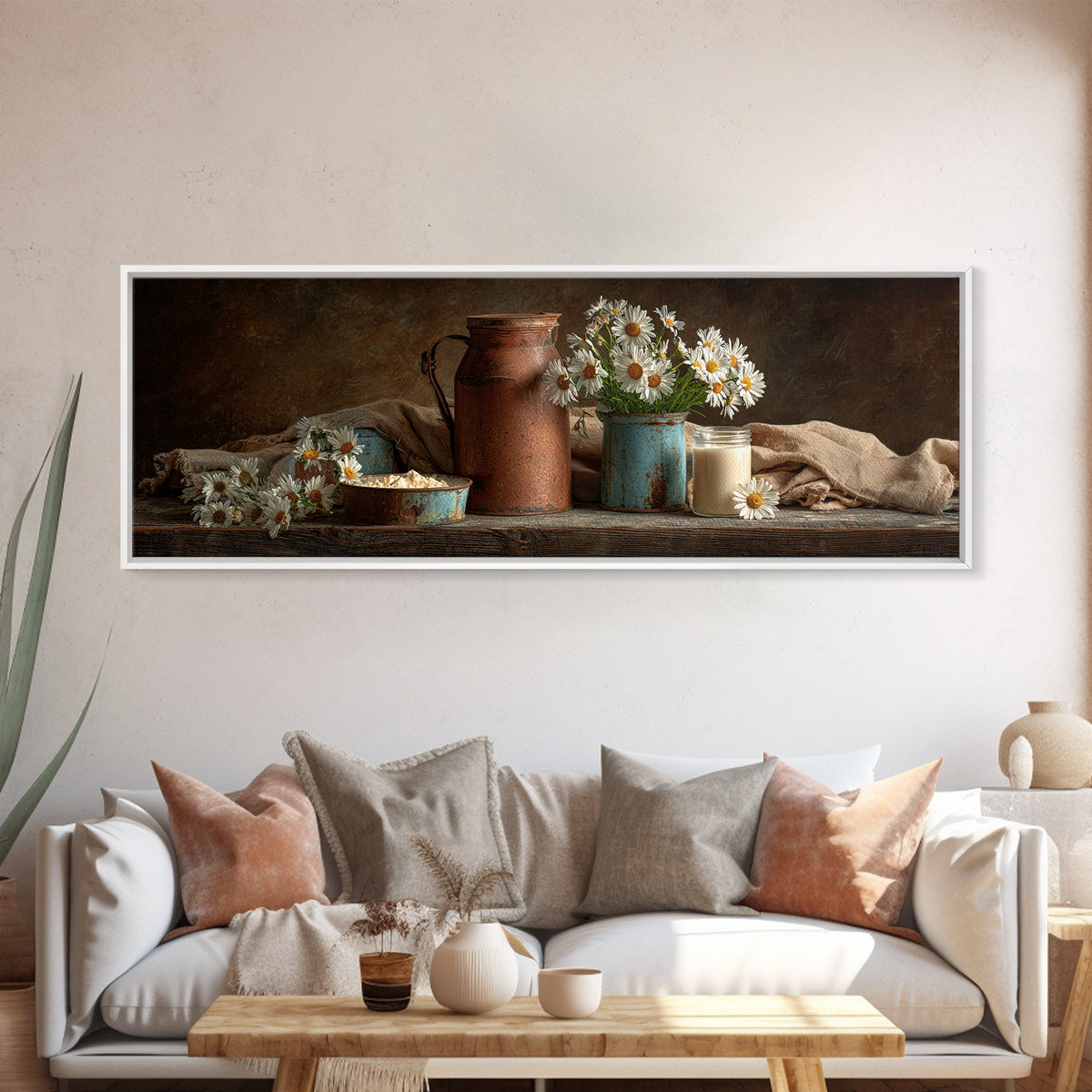 Milk Can and Daisies Rustic Still Life Framed Canvas Print, Country Art, Farmhouse Wall Decor, Farmhouse Decor, Country, COU-3x1-77