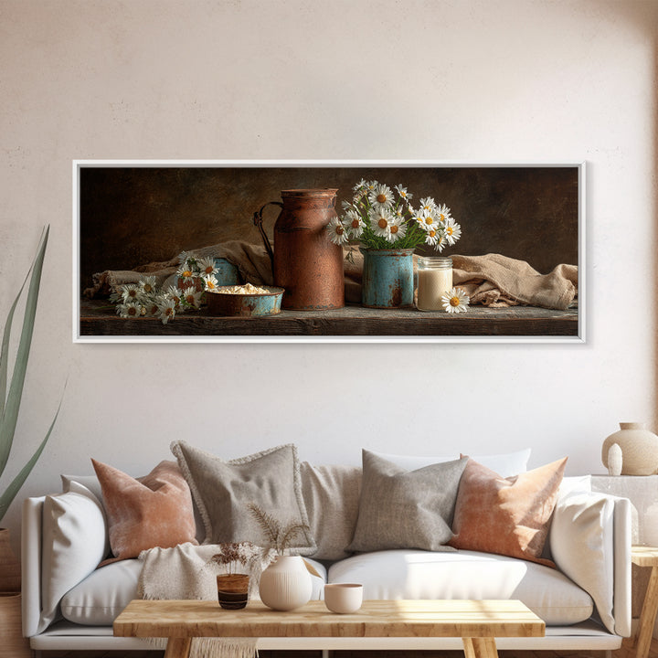 Milk Can and Daisies Rustic Still Life Framed Canvas Print, Country Art, Farmhouse Wall Decor, Farmhouse Decor, Country, COU-3x1-77