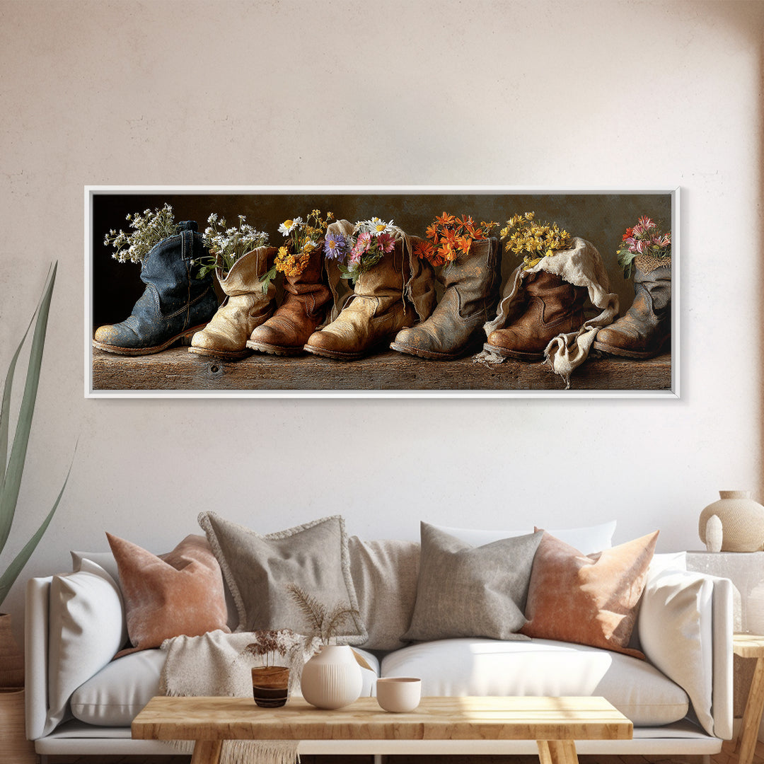 Weathered Boots with Wildflowers Tucked Inside Canvas Print, Country Art, Landscape Painting, Farmhouse Decor, Watercolor Art, COU-3x1-8