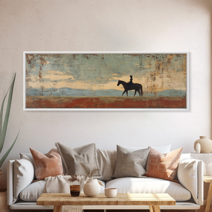 Horse and Rider Silhouette at Dusk Framed Canvas Print, Country Art, Digital Art Prints, Farmhouse Decor, Fine Art, Country, COU-3x1-81