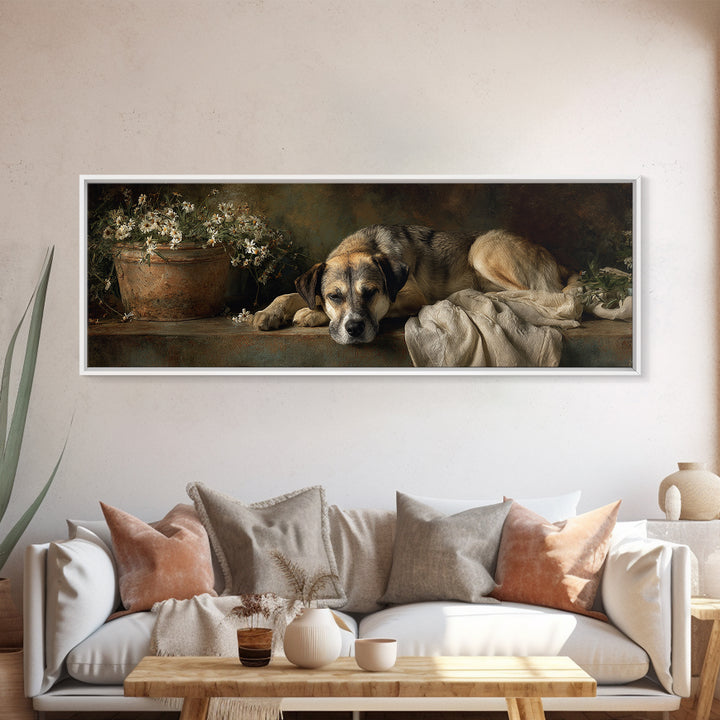 Dog Resting Beside a Porch Flower Pot Canvas Print, Country Art, Digital Wall Art, Farmhouse Decor, Fine Art, Country, COU-3x1-86