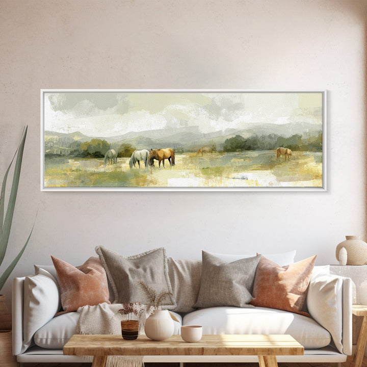 Rolling Pasture with Grazing Horses at Sunrise Canvas Print, Country Art, Landscape Wall Art, Farmhouse Decor, Country, COU-3x1-89