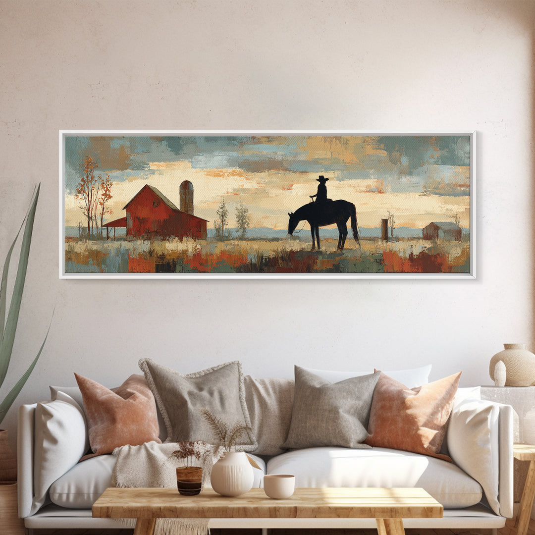 Horse and Rider Silhouette at Dusk Framed Canvas Print, Country Art, Digital Wall Art, Farmhouse Decor, Fine Art, Country, COU-3x1-9
