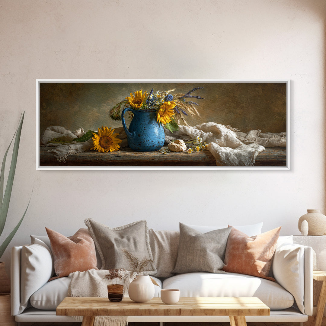 Sunflowers in a Blue Enamel Pitcher Canvas Print, Country Art, Wall Decor, Farmhouse Decor, Fine Art, Country, Wall Art, COU-3x1-96