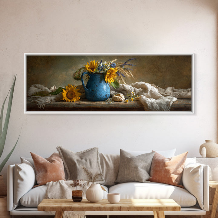 Sunflowers in a Blue Enamel Pitcher Canvas Print, Country Art, Wall Decor, Farmhouse Decor, Fine Art, Country, Wall Art, COU-3x1-96