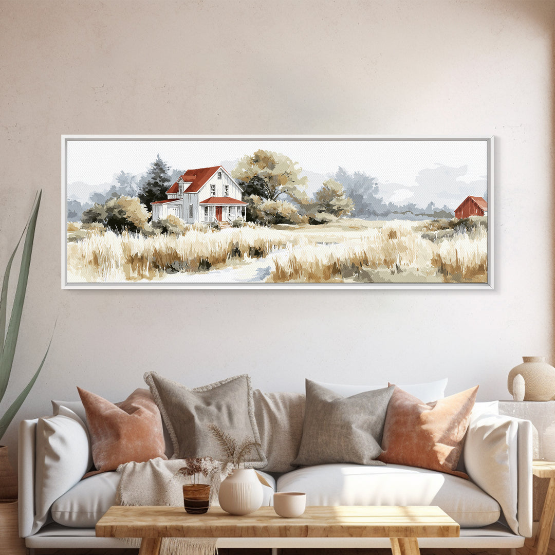 White Farmhouse Surrounded by Tall Grass Canvas Print, Country Art, Floral Wall Art, Farmhouse Decor, Fine Art, Country, COU-3x1-98