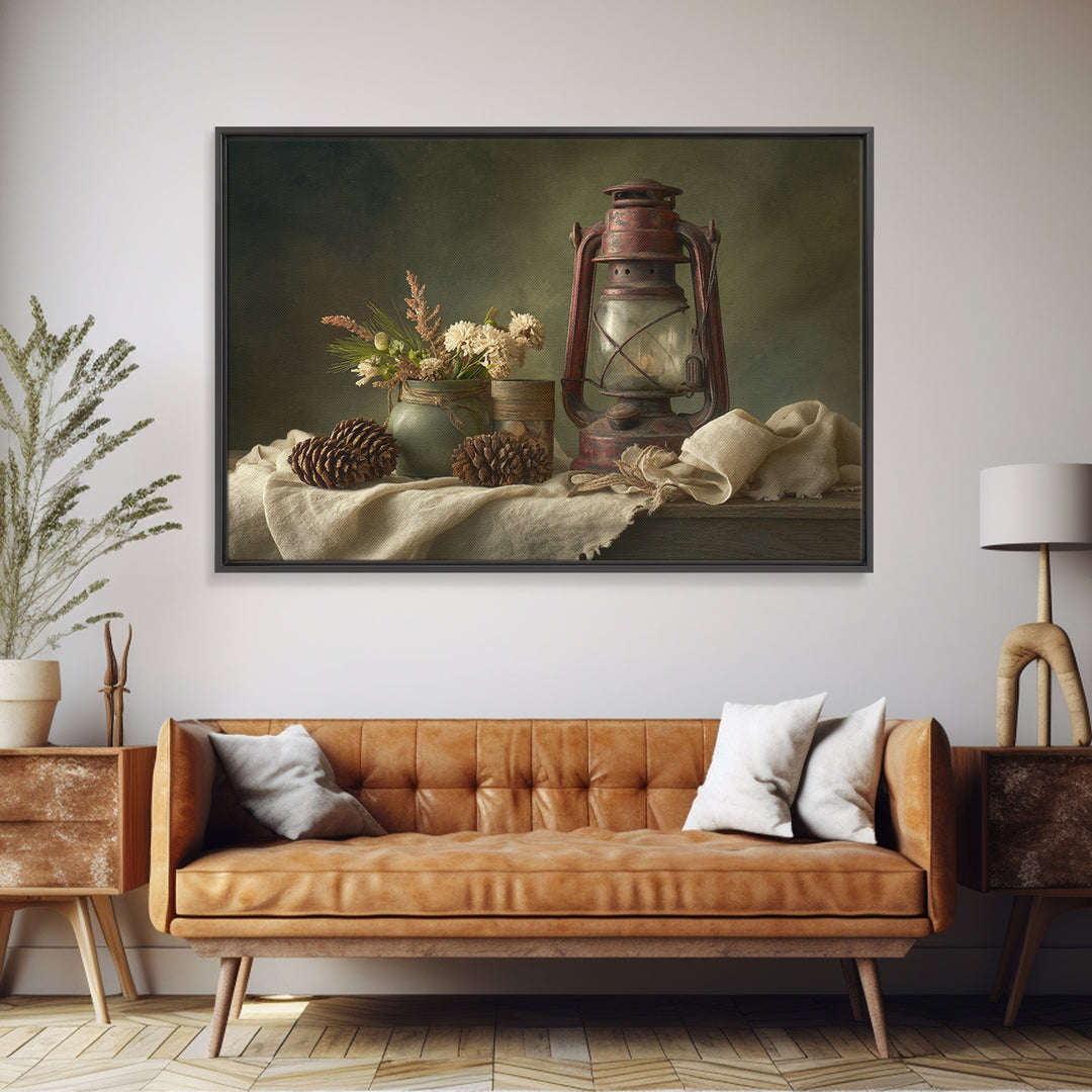Old Lantern and Pinecones Still Life Framed Canvas Print, Country Art, Modern Decor, Farmhouse Decor, Oil Painting, Country, COU-3x2-100