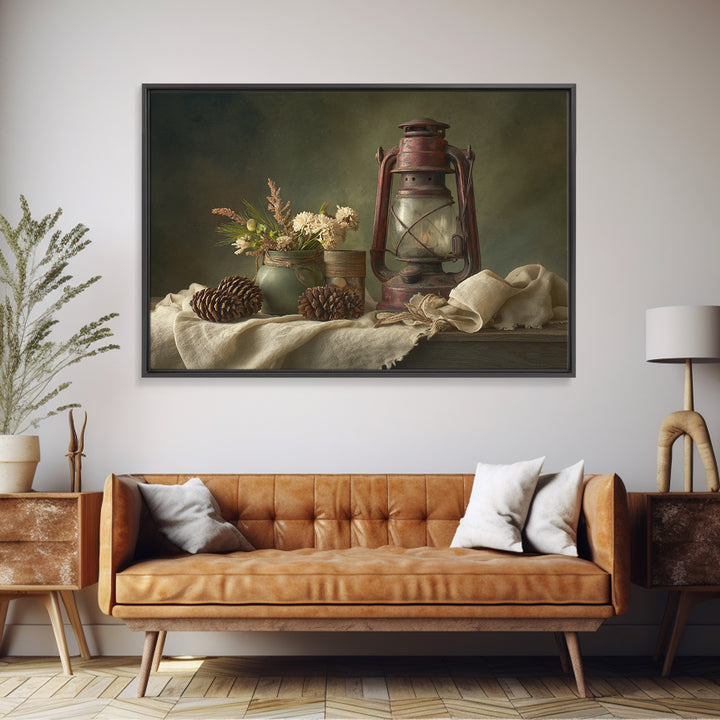 Old Lantern and Pinecones Still Life Framed Canvas Print, Country Art, Modern Decor, Farmhouse Decor, Oil Painting, Country, COU-3x2-100
