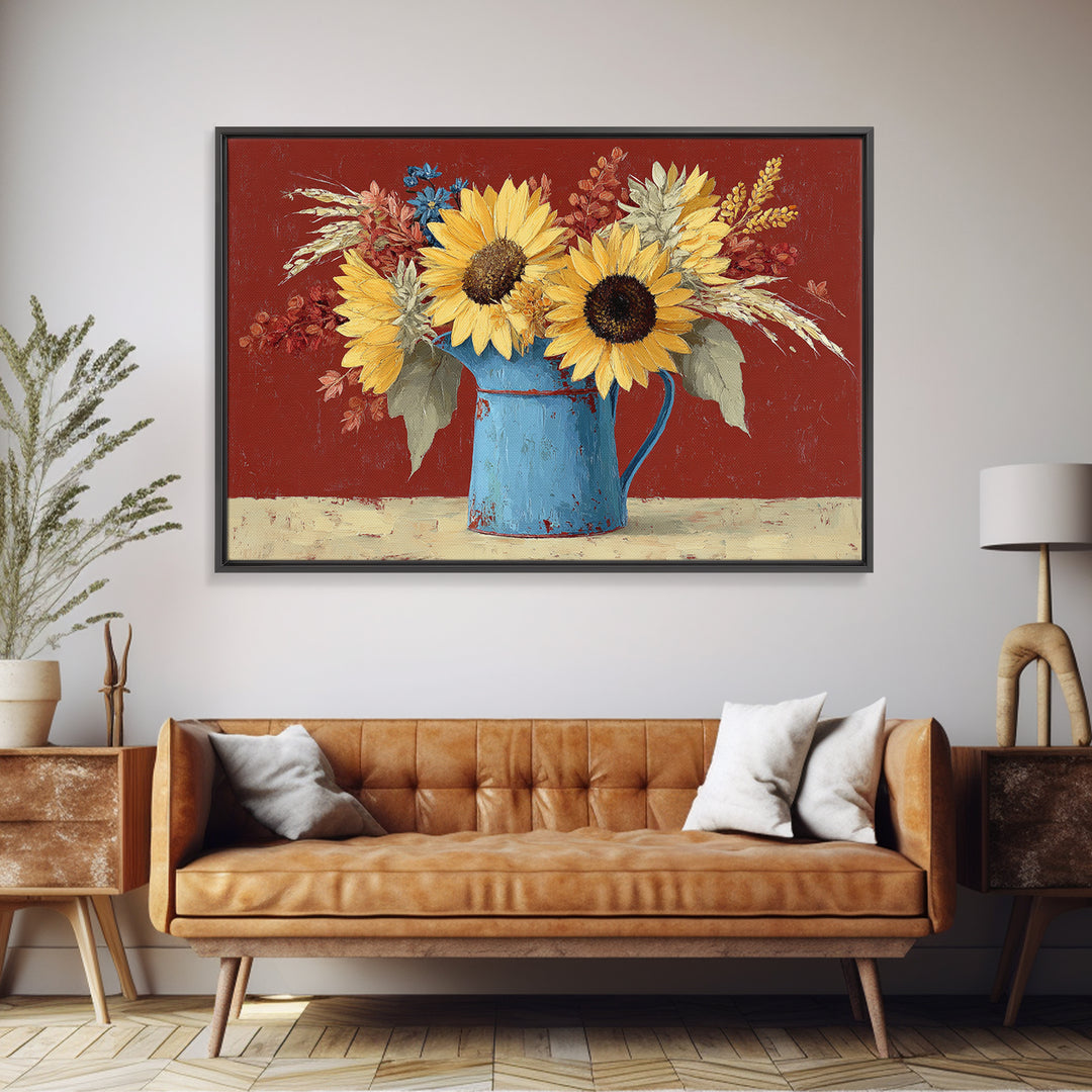 Sunflowers in a Blue Enamel Pitcher Canvas Print, Country Art, Digital Print, Farmhouse Decor, Oil Painting, Country, COU-3x2-12