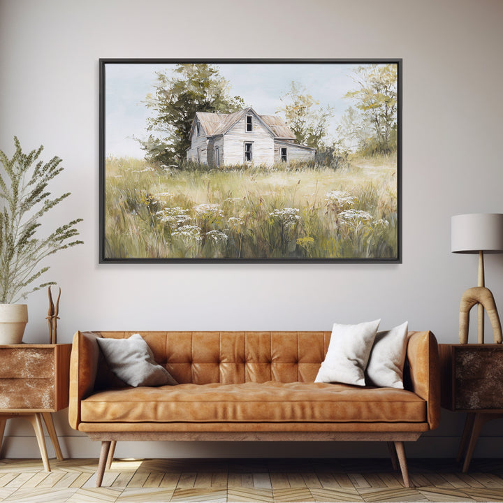 White Farmhouse Surrounded by Tall Grass Framed Canvas Print, Country Art, Printable Wall Art, Farmhouse Decor, Country, COU-3x2-14