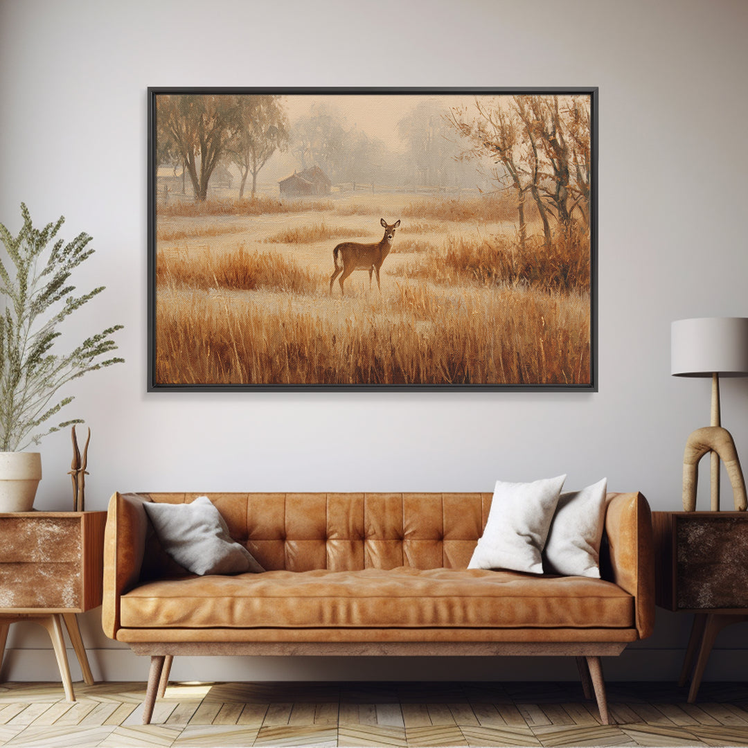 Deer Crossing a Misty Morning Field Framed Canvas Print, Country Art, Oil Painting, Farmhouse Decor, Fine Art, Country, COU-3x2-15