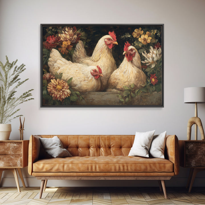 Chickens Pecking Near Garden Flowers Framed Canvas Print, Country Art, Farmhouse Decor, Watercolor Art, Country, COU-3x2-18