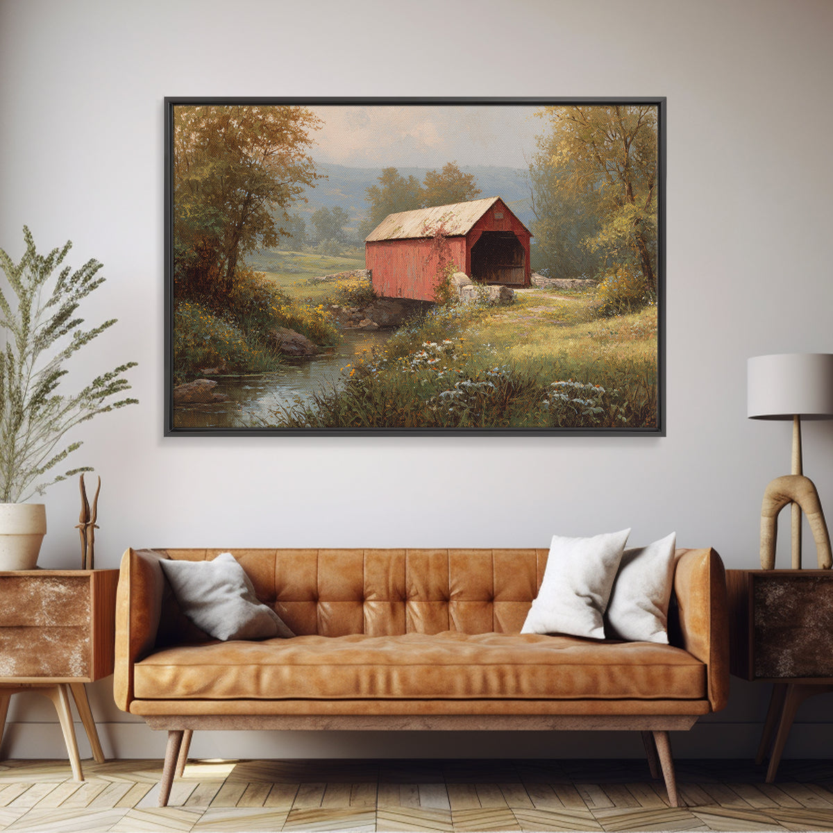 Covered Bridge over a Quiet Creek Framed Canvas Print, Country Art, Landscape Painting, Farmhouse Decor, Fine Art, Country, COU-3x2-19