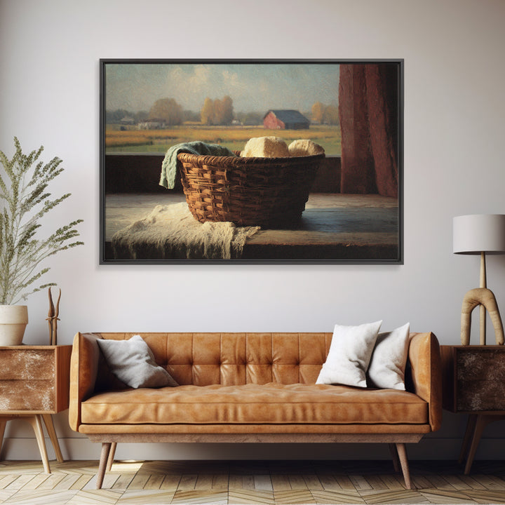 Blackberry Basket with Linen Cloth Framed Canvas Print, Country Art, Watercolor Painting, Farmhouse Decor, Fine Art, Country, COU-3x2-25