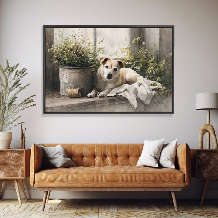 Dog Resting Beside a Porch Flower Pot Canvas Print, Country Art, Digital Wall Art, Farmhouse Decor, Fine Art, Country, COU-3x2-26